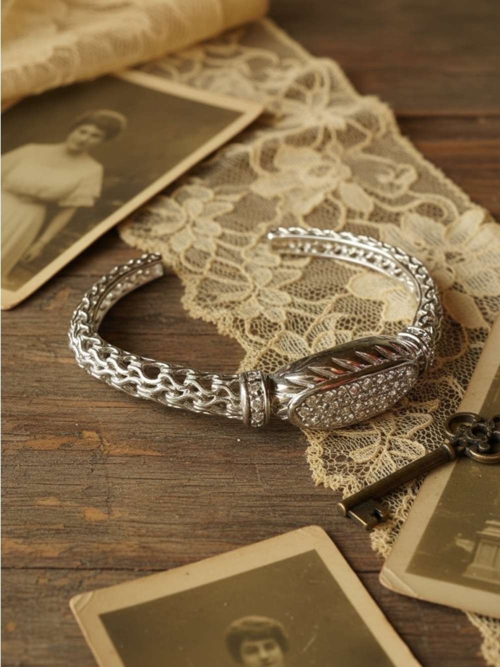 Silver Pavé Crystal Braided Cuff Bracelet - Women's Jewelry stamped 925 - Picture 2 of 5